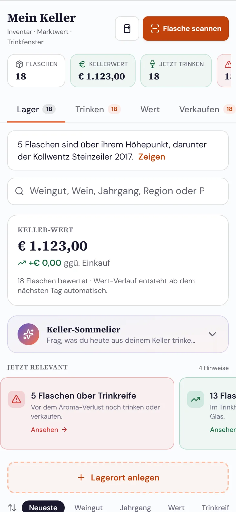 Weinlot-App: Kellerübersicht mit Flaschenzahl, Kellerwert und Trinkfenster-Hinweisen