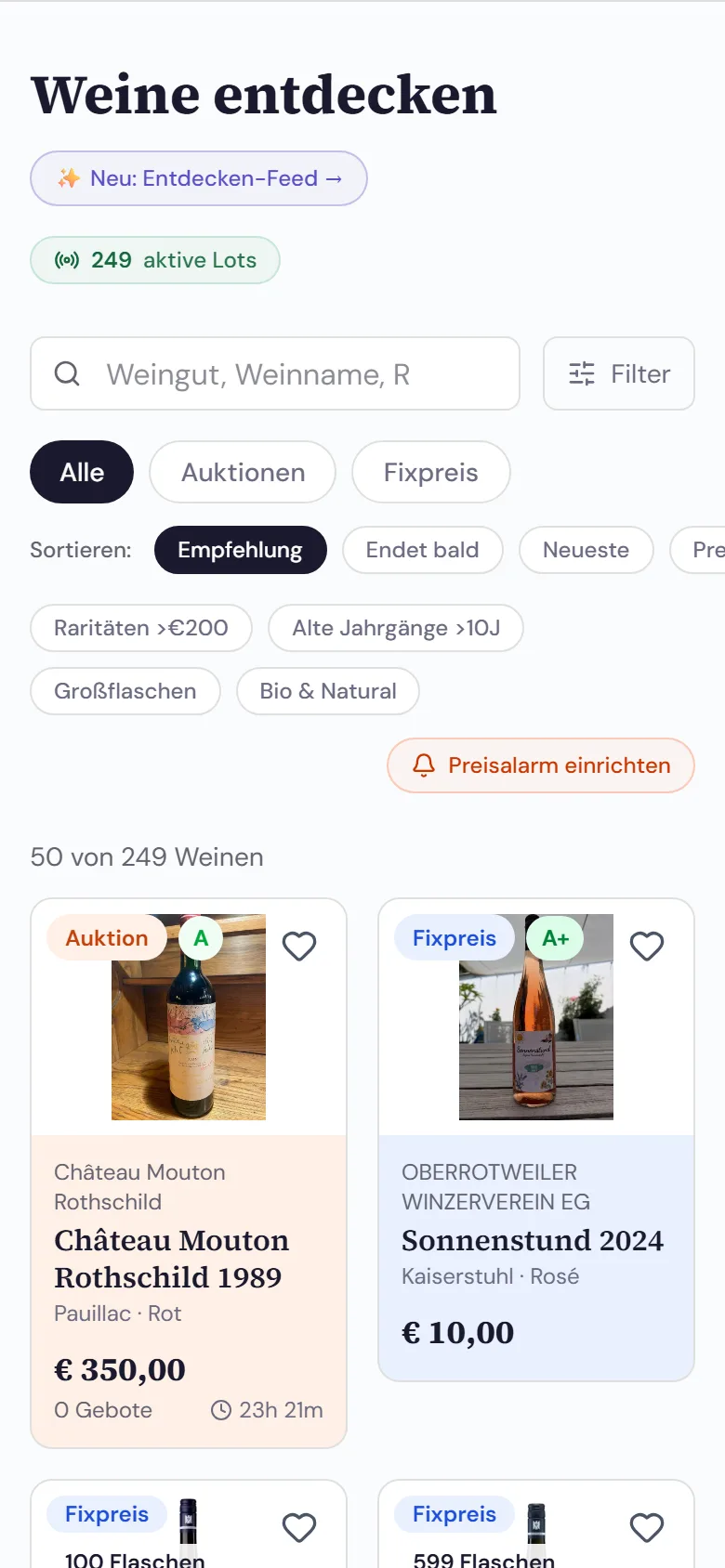 Weinlot-App: Marktplatz mit Weinangeboten, Auktionen und Fixpreis